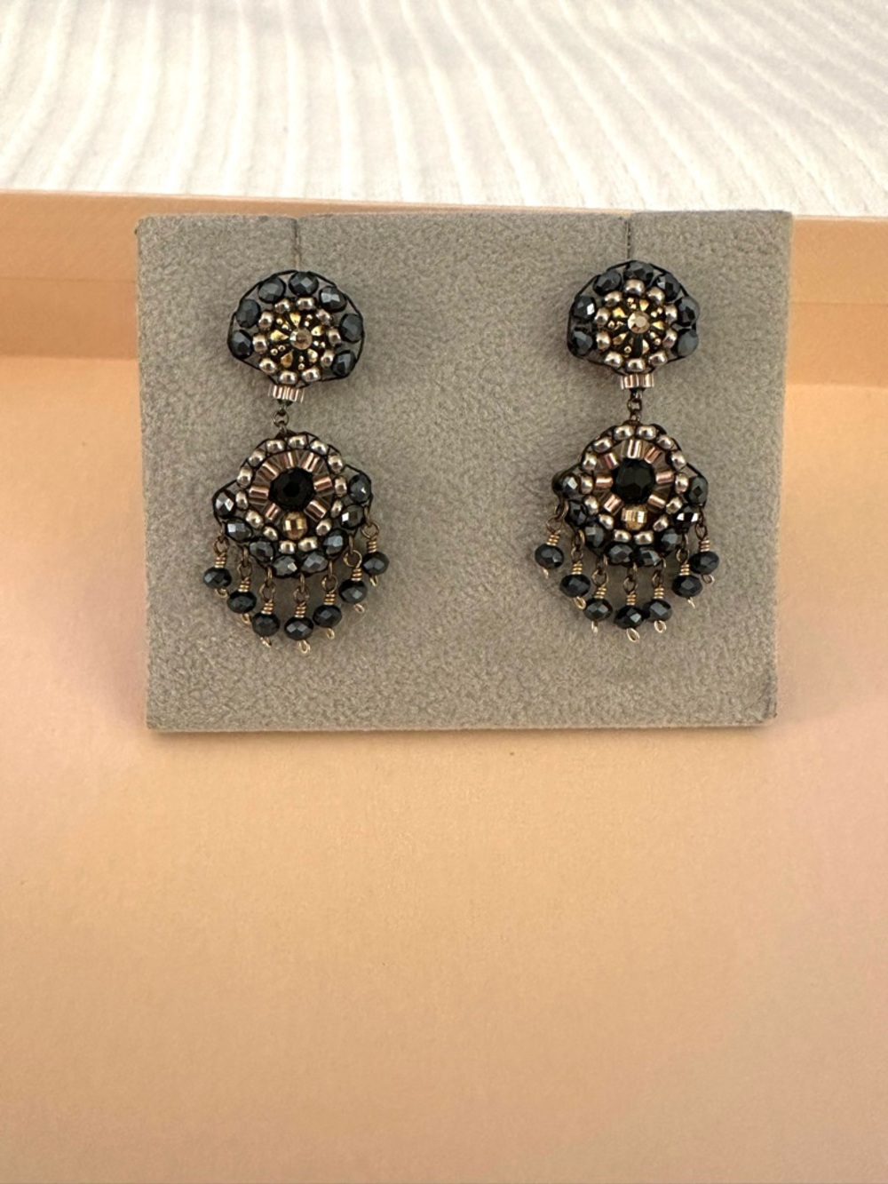 Miguel Ases Black and Gold Beaded Chandelier Earrings